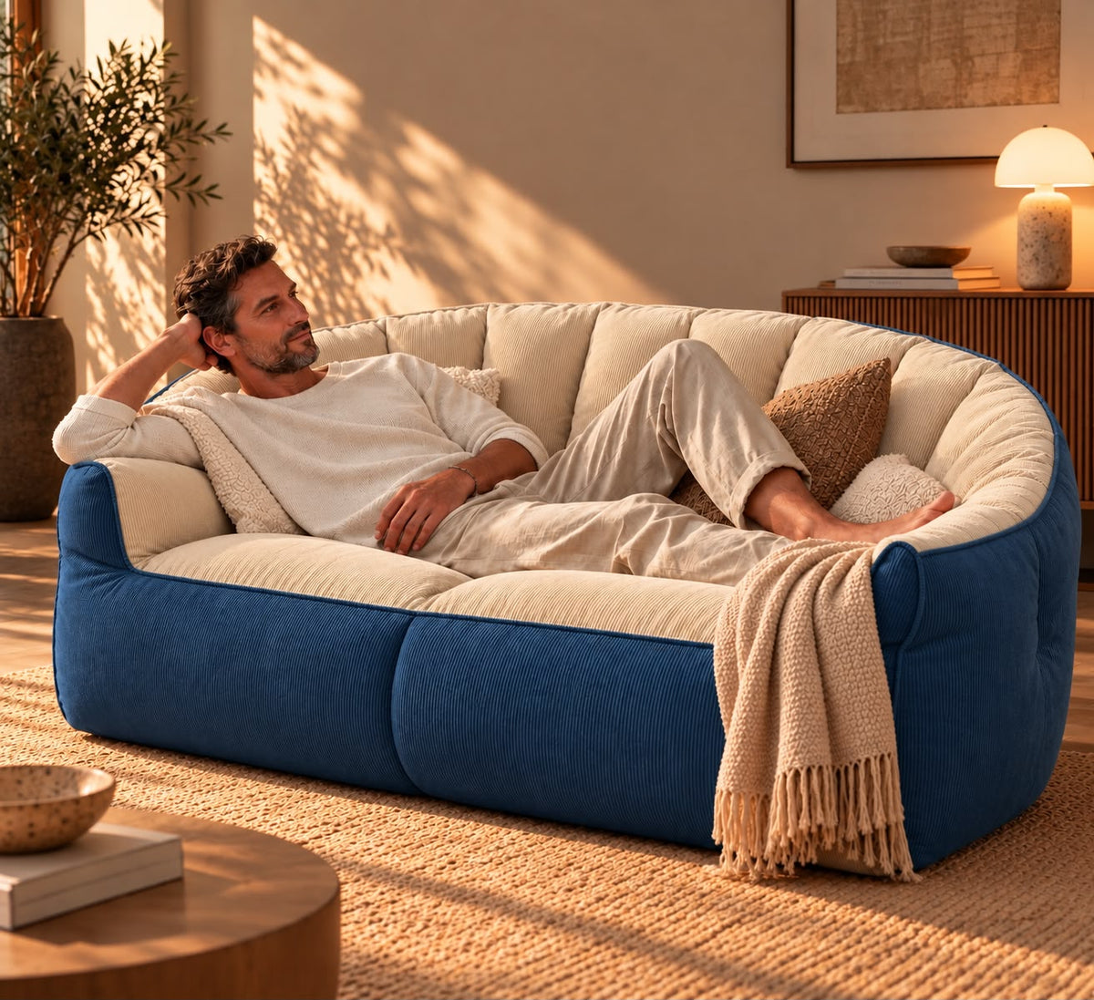 Canapé Pouf Modulable Bicolore Beige Bleu