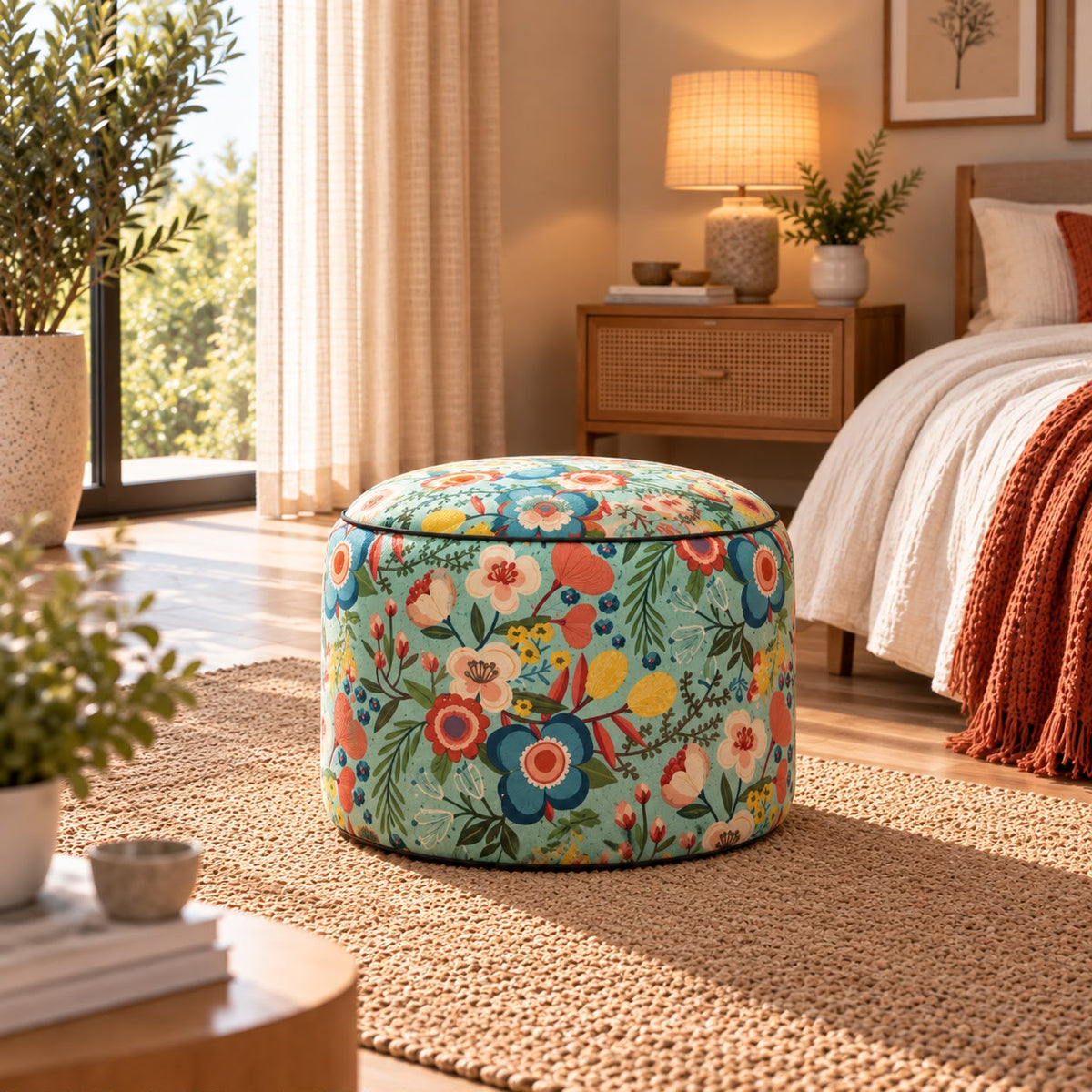 Pouf Rond Scandinave Fleuri
