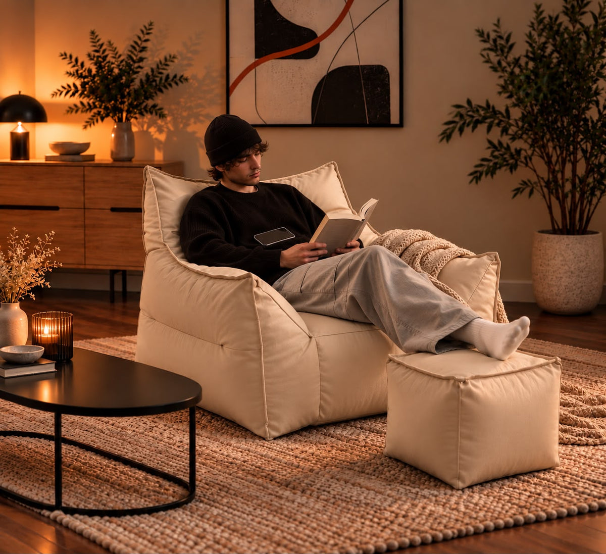 Fauteuil Pouf Blanc Cuir