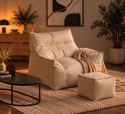 Fauteuil Pouf Blanc Cuir