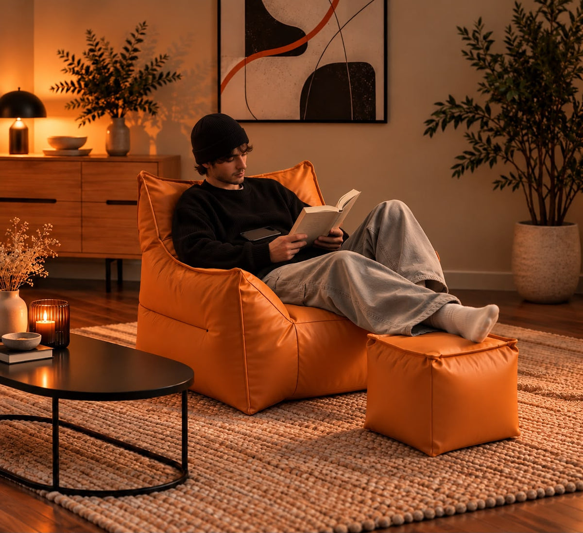 Fauteuil Pouf Design Orange Cuir