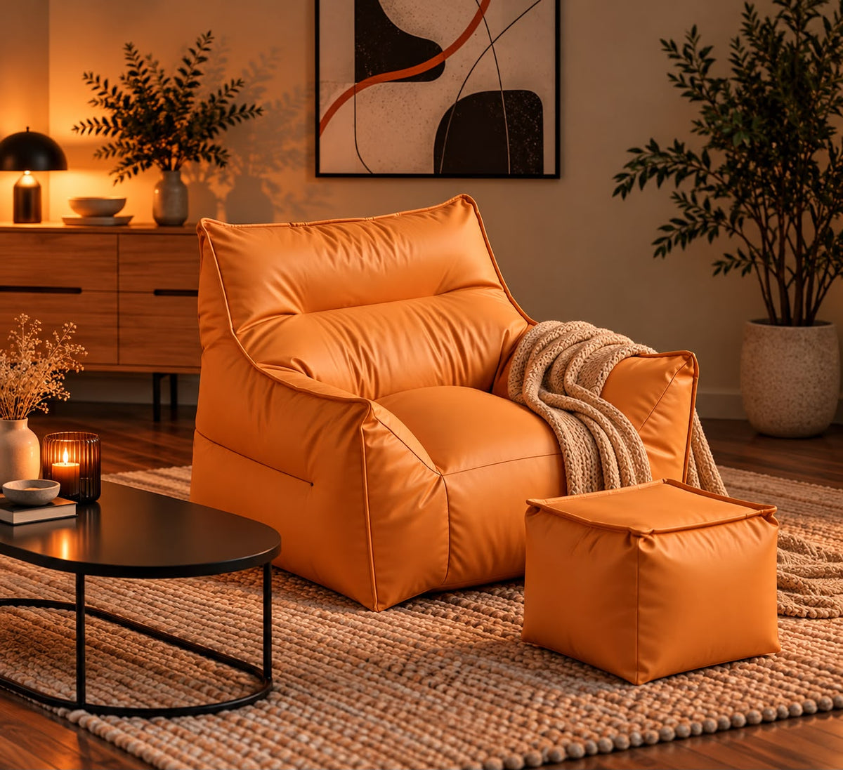 Fauteuil Pouf Design Orange Cuir