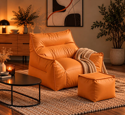 Fauteuil Pouf Design Orange Cuir