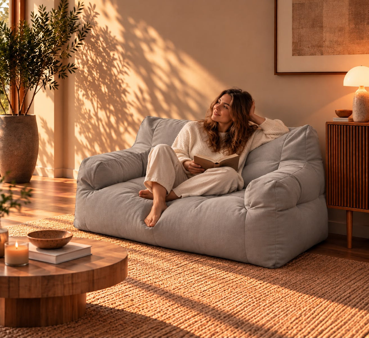 Pouf Canapé 2 Places Gris Clair