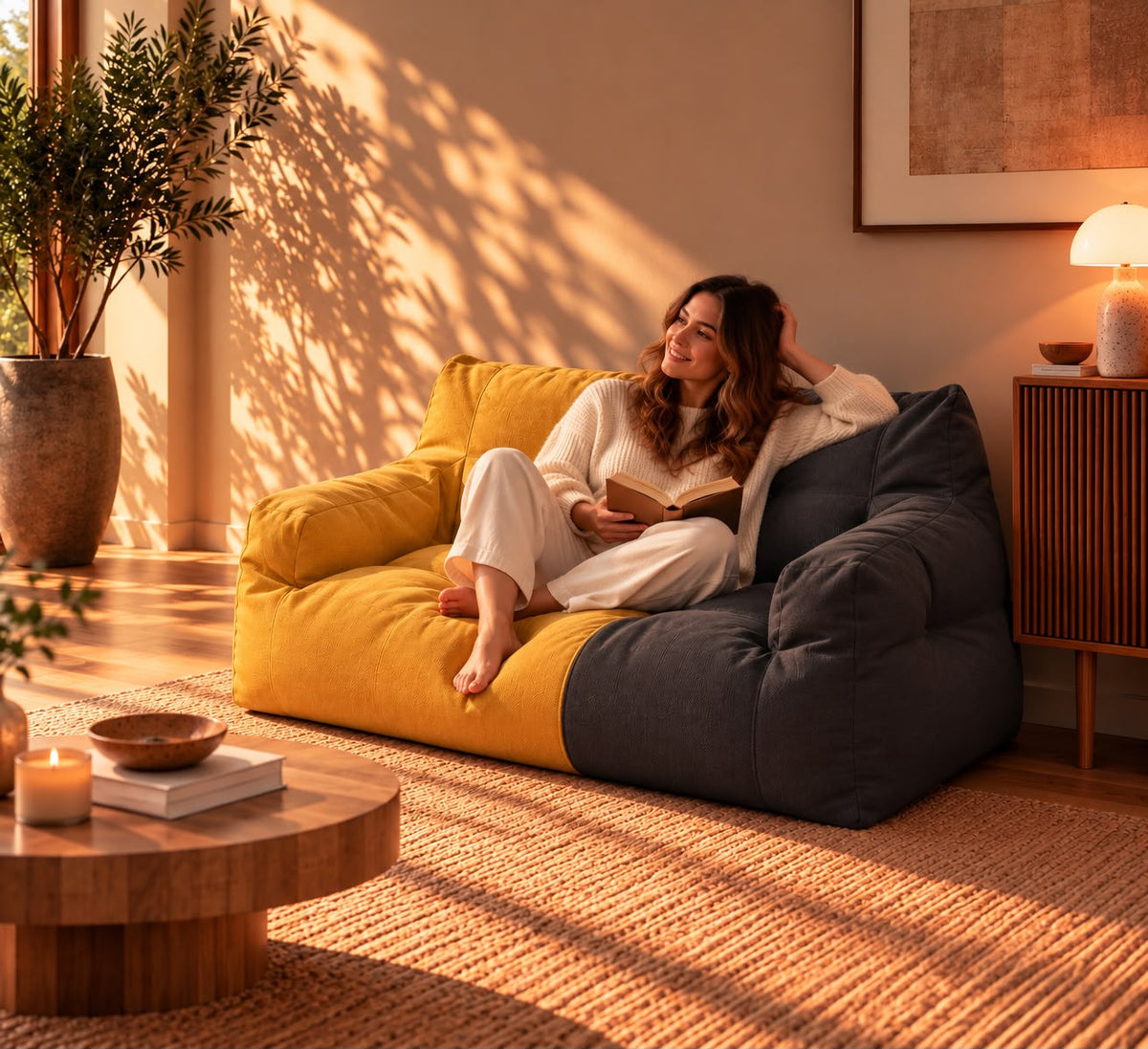 Pouf Canapé 2 Places Jaune/Gris foncé