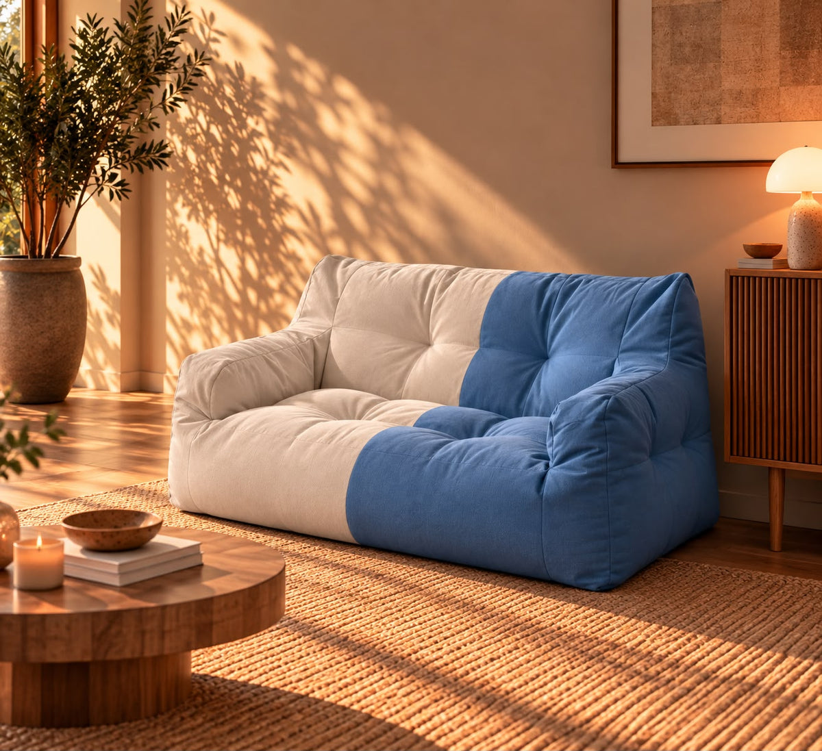 Pouf Canapé 2 Places Blanc/Bleu