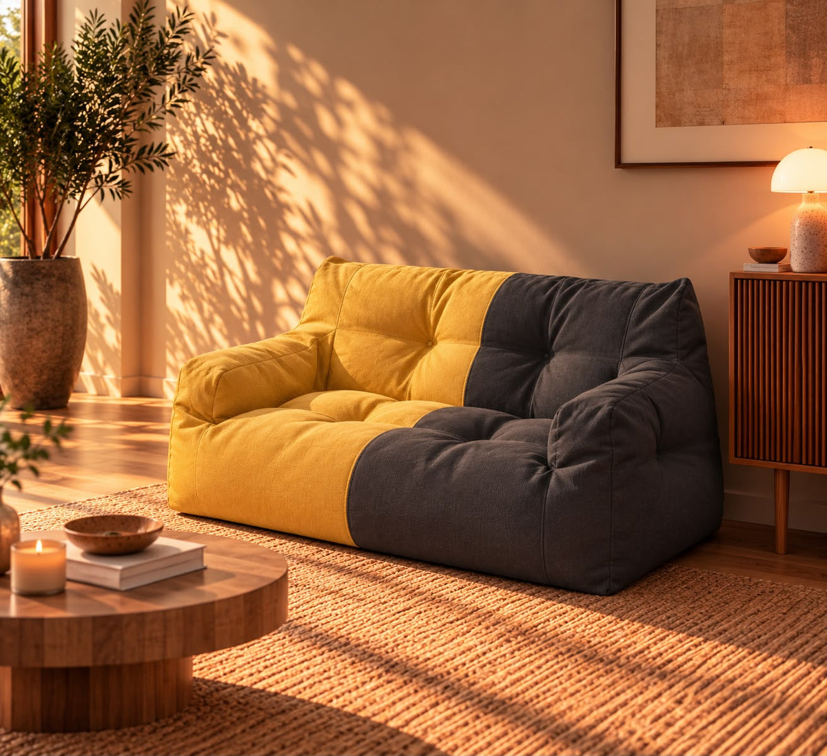 Pouf Canapé 2 Places Jaune/Gris foncé
