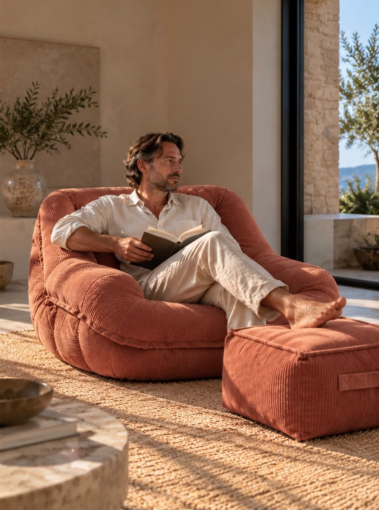Pouf Velours Côtelé Terracotta