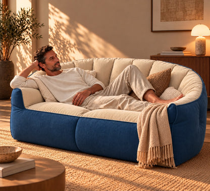 Canapé Pouf Modulable Bicolore Beige Bleu