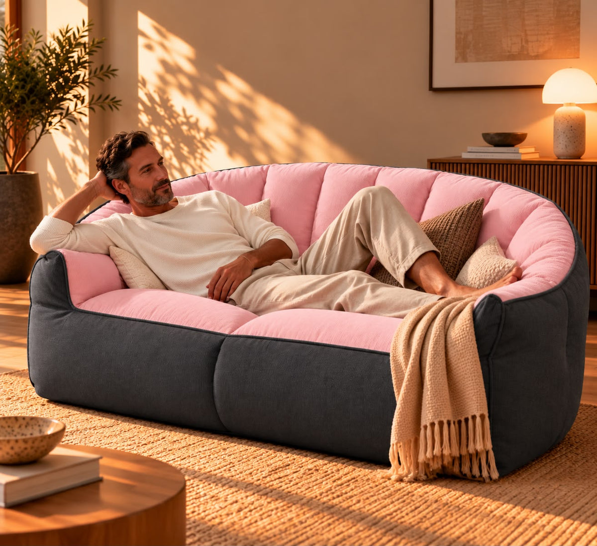 Pouf Canapé Bicolore Rose Gris