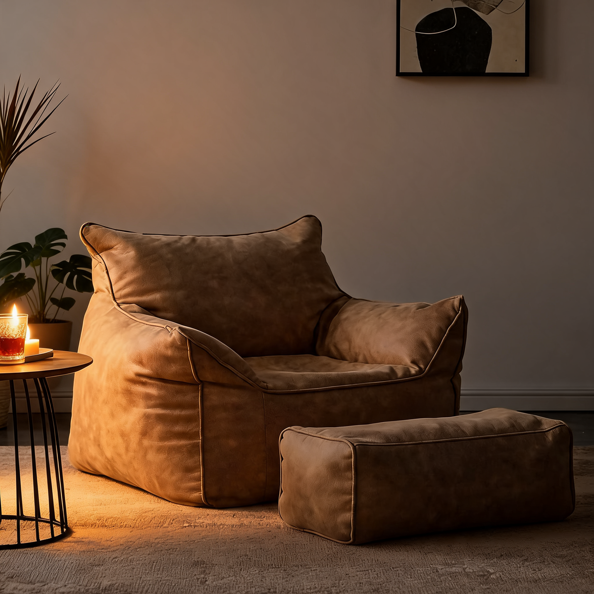 Petit Fauteuil Pouf Beige Cuir
