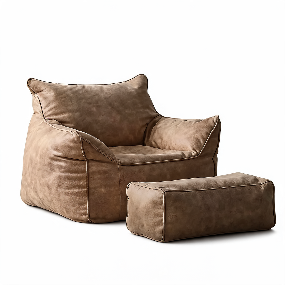 Petit Fauteuil Pouf Beige Cuir