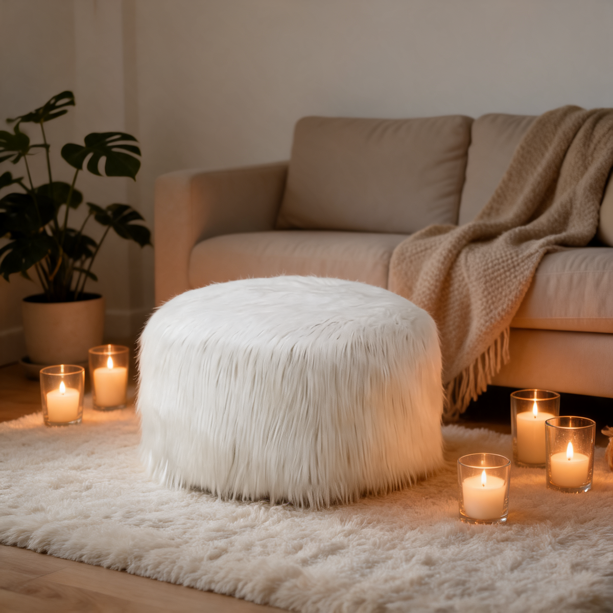 Petit Pouf Rond Blanc Décoratif