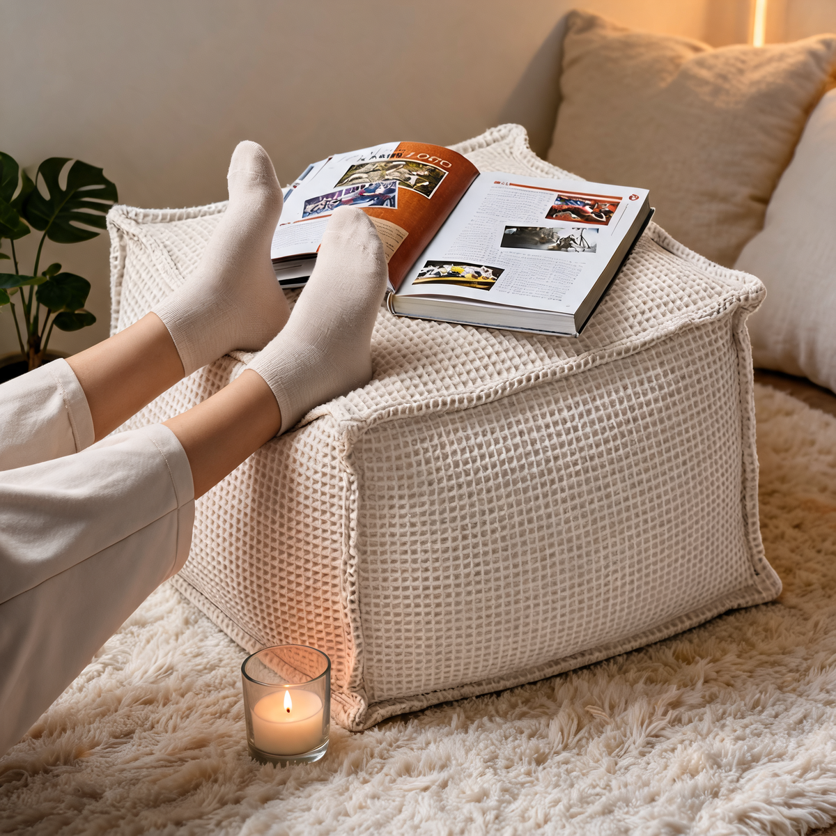 Pouf Carré Beige Salon