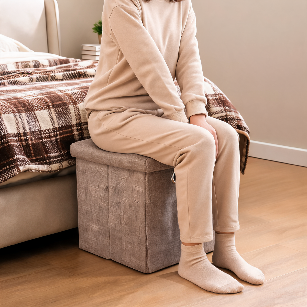Pouf Cube Rangement Beige Chambre