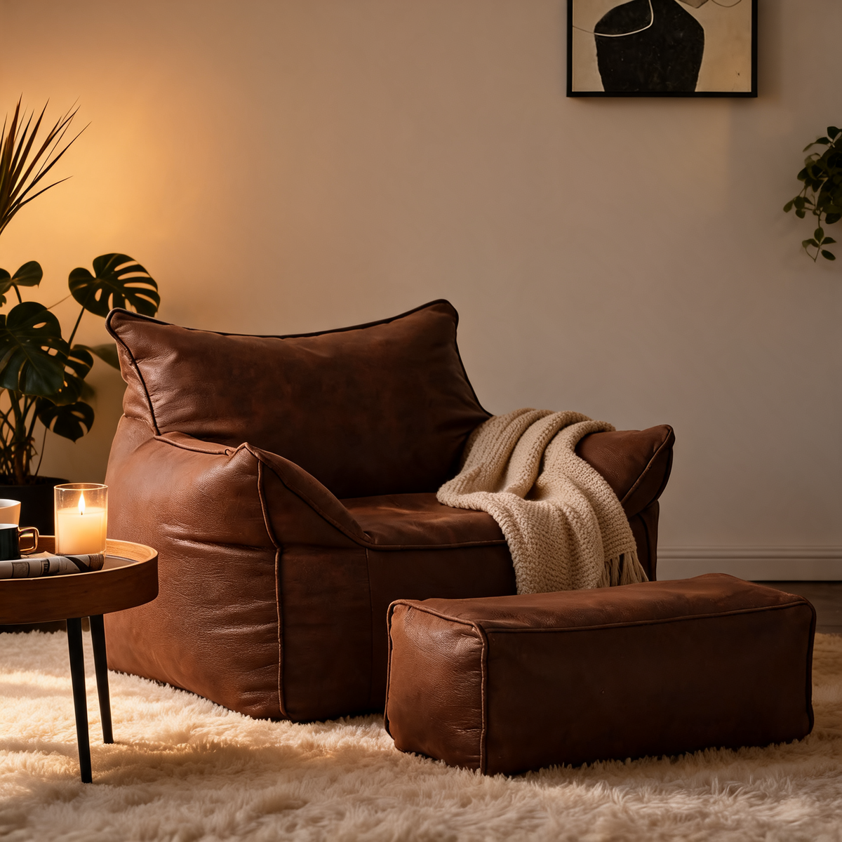 Pouf En Cuir Marron Fauteuil