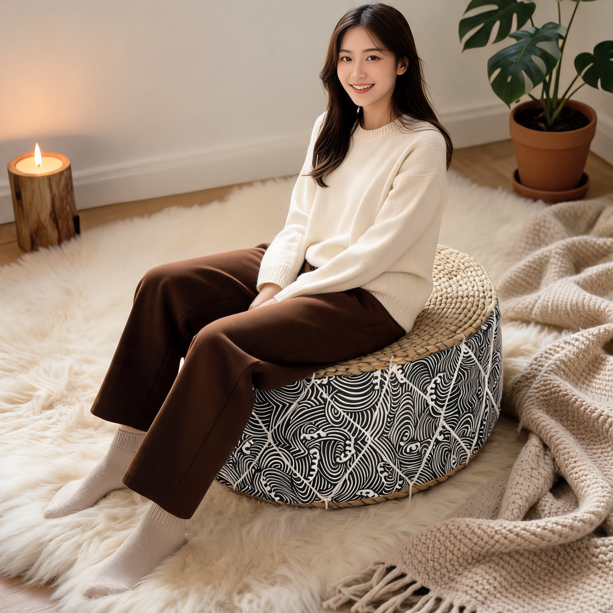 Pouf En Rotin Tabouret Noir