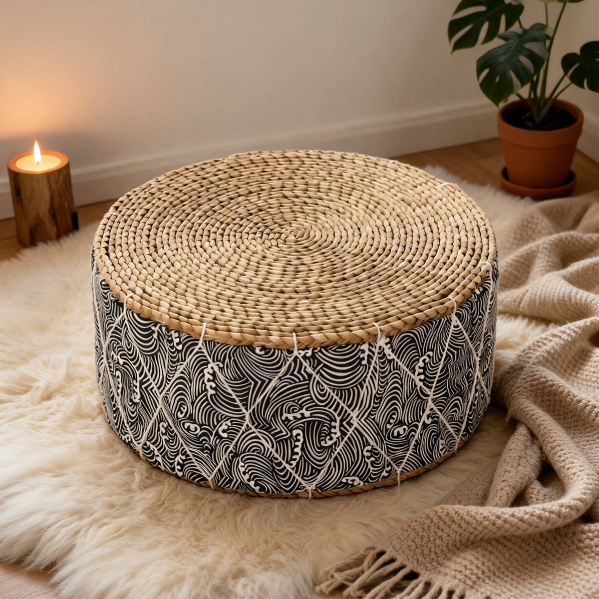 Pouf En Rotin Tabouret Noir