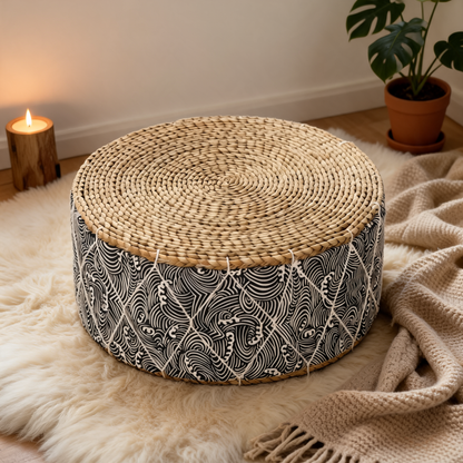 Pouf En Rotin Tabouret Noir