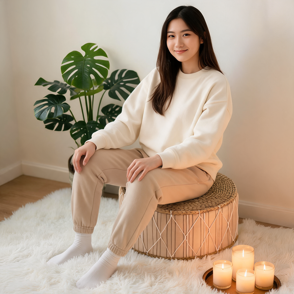 Pouf En Rotin Tressé Tabouret Beige