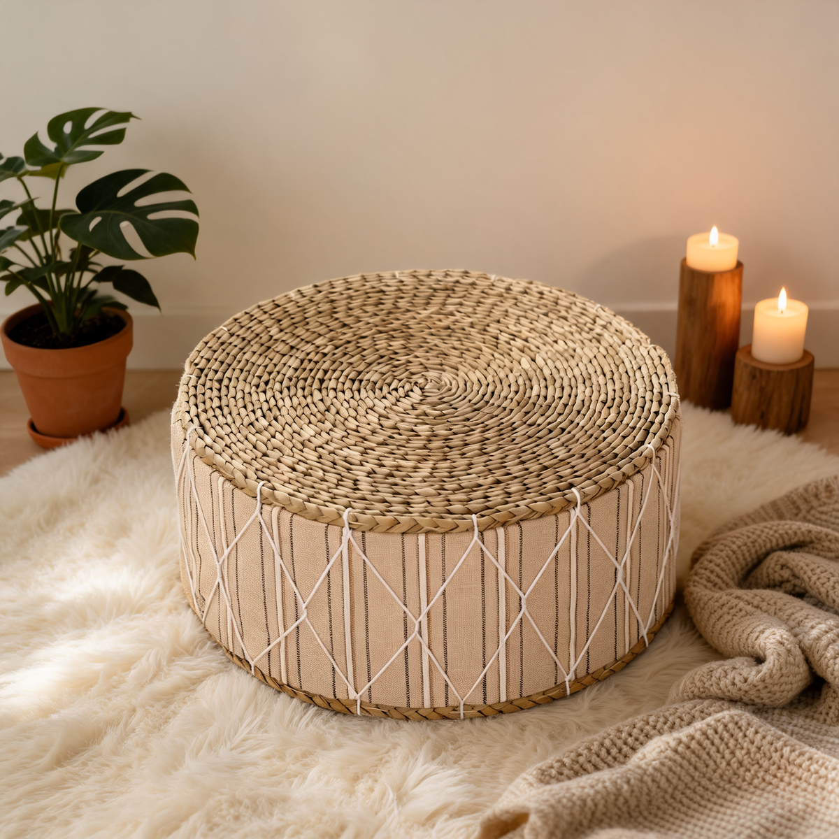 Pouf En Rotin Tressé Tabouret Beige