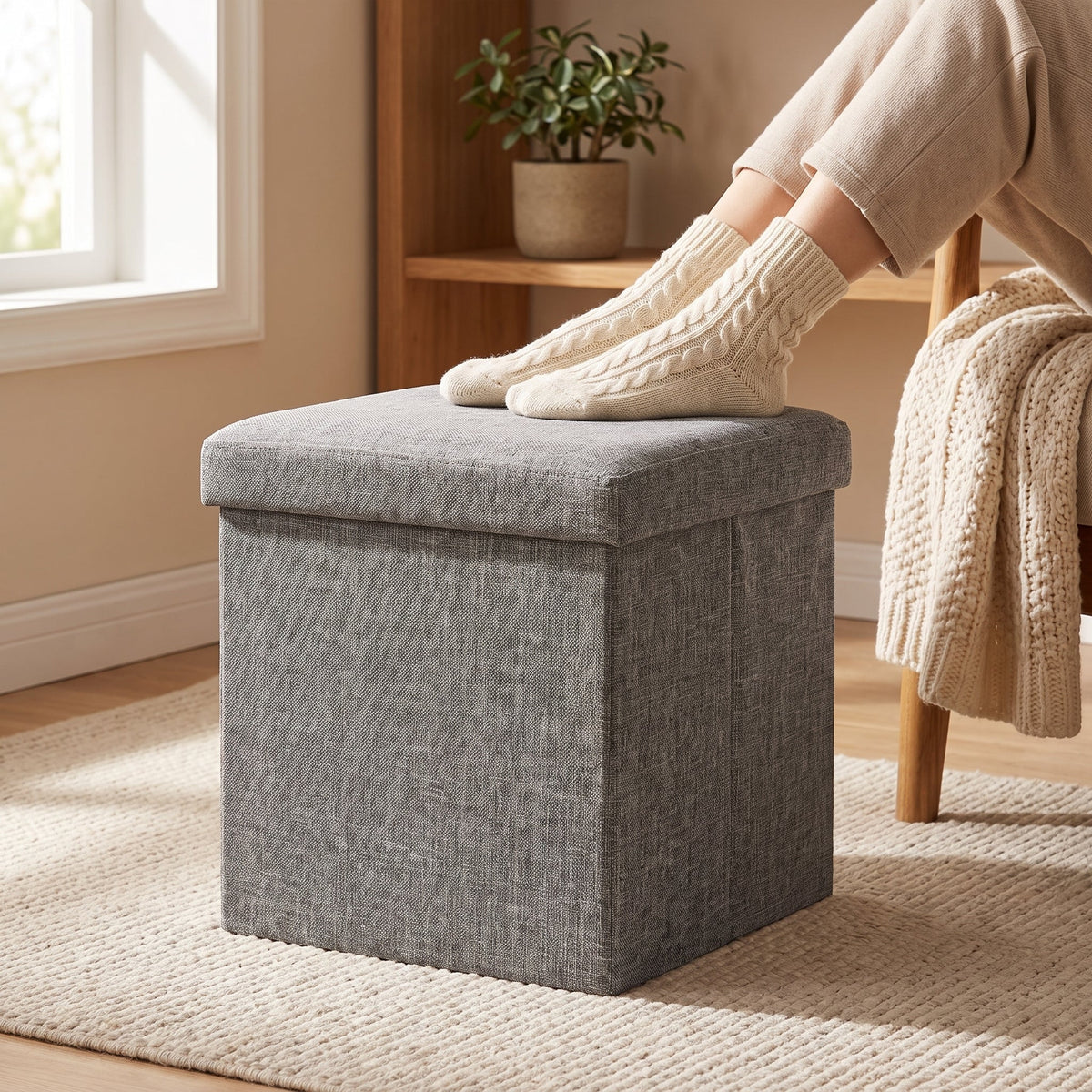 Pouf Rangement Couvercle Gris