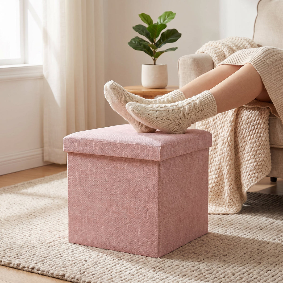 Pouf Rangement Rose Coffre Couvercle