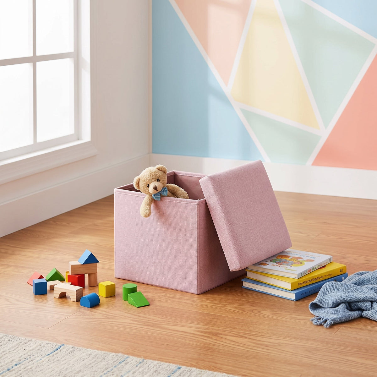 Pouf Rangement Rose Coffre Couvercle