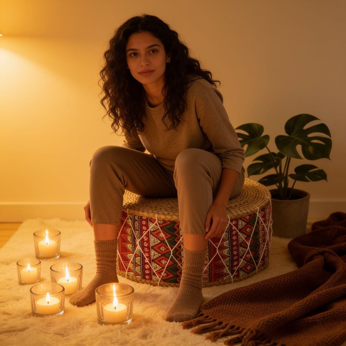 Pouf Tabouret Kilim Rotin