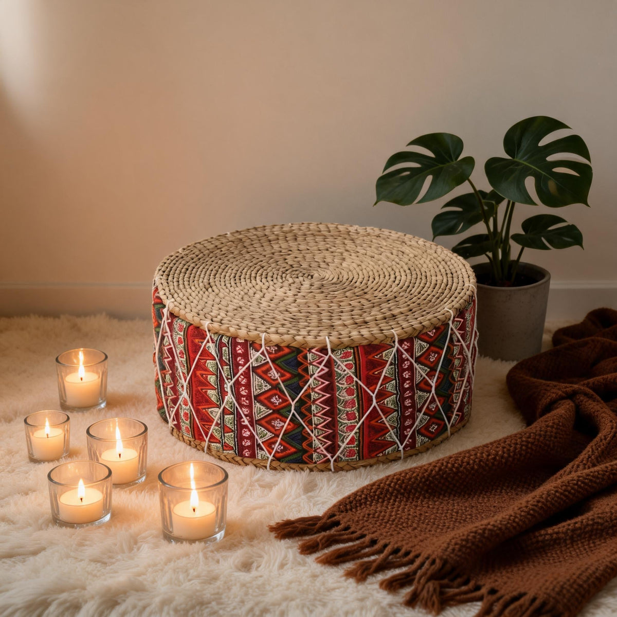 Pouf Tabouret Kilim Rotin