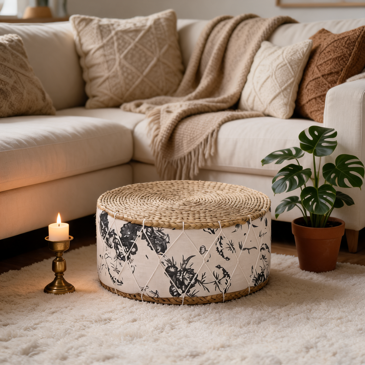 Pouf Tabouret Rotin Modern Farmhouse