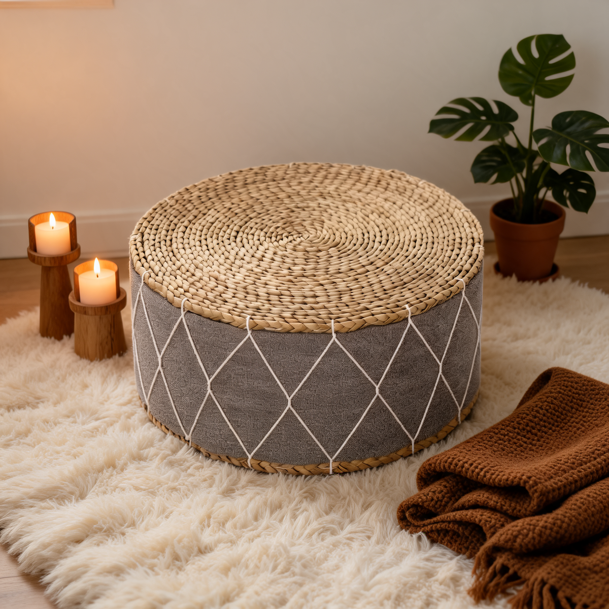 Tabouret Pouf Salon Gris En Rotin